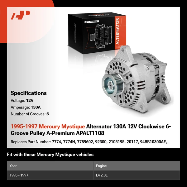 1995-1997 Mercury Mystique Alternator 130A 12V Clockwise 6-Groove Pulley A-Premium APALT1108