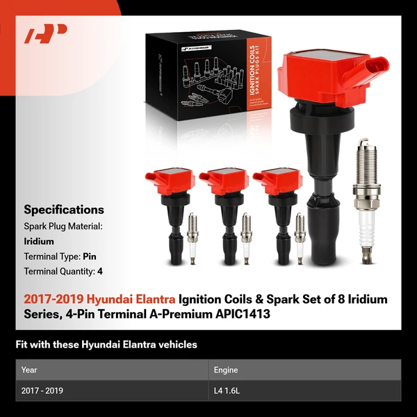 2017-2019 Hyundai Elantra Ignition Coils & Spark Set of 8 Iridium Series, 4-Pin Terminal A-Premium APIC1413