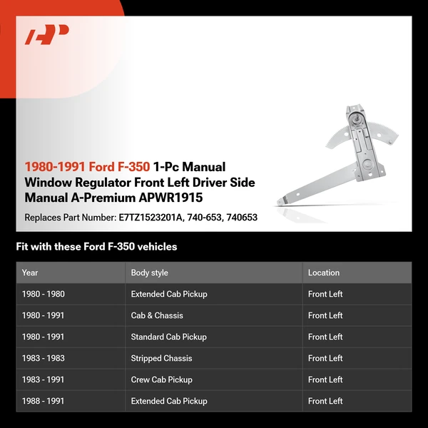 1980-1991 Ford F-350 1-Pc Manual Window Regulator Front Left Driver Side Manual A-Premium APWR1915