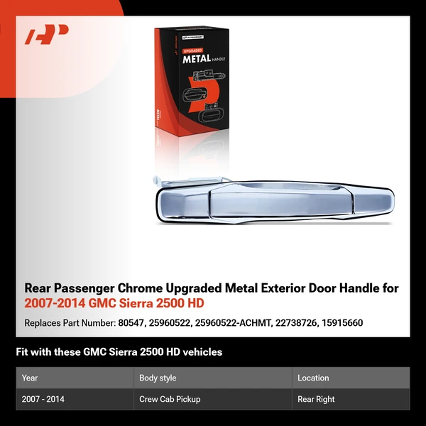 Rear Passenger Chrome Upgraded Metal Exterior Door Handle for 2007-2014 GMC Sierra 2500 HD