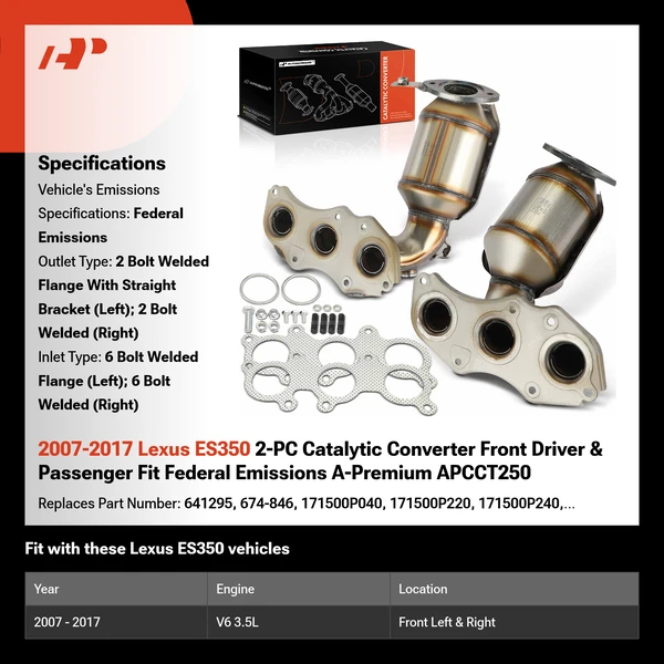2007-2017 Lexus ES350 2-PC Catalytic Converter Front Driver & Passenger Fit Federal Emissions A-Premium APCCT250