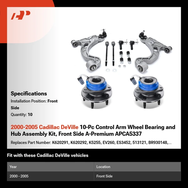 2000-2005 Cadillac DeVille 10-Pc Control Arm Wheel Bearing and Hub Assembly Kit, Front Side A-Premium APCA5337