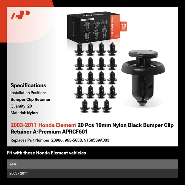 2003-2011 Honda Element 20 Pcs 10mm Nylon Black Bumper Clip Retainer A-Premium APRCF601
