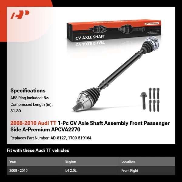 2008-2010 Audi TT 1-Pc CV Axle Shaft Assembly Front Passenger Side A-Premium APCVA2270
