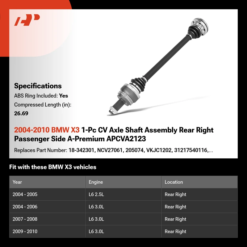 2004-2010 BMW X3 1-Pc CV Axle Shaft Assembly Rear Right Passenger Side A-Premium APCVA2123