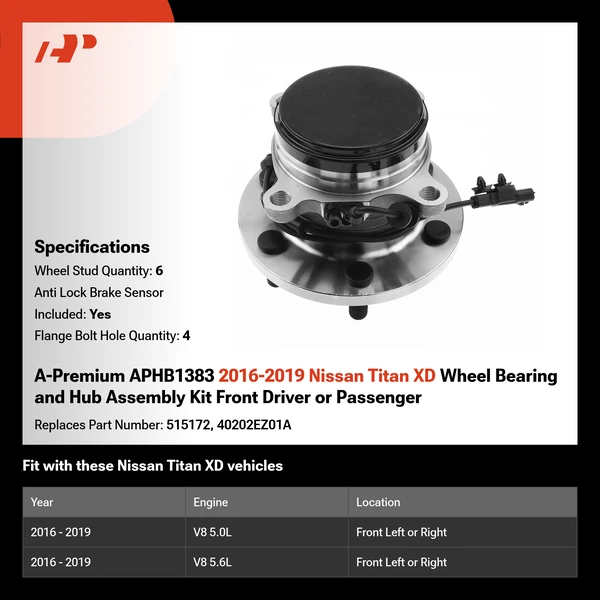 A-Premium APHB1383 2016-2019 Nissan Titan XD Wheel Bearing and Hub Assembly Kit Front Driver or Passenger