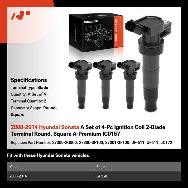 2008-2014 Hyundai Sonata A Set of 4-Pc Ignition Coil 2-Blade Terminal Round, Square A-Premium IC0157