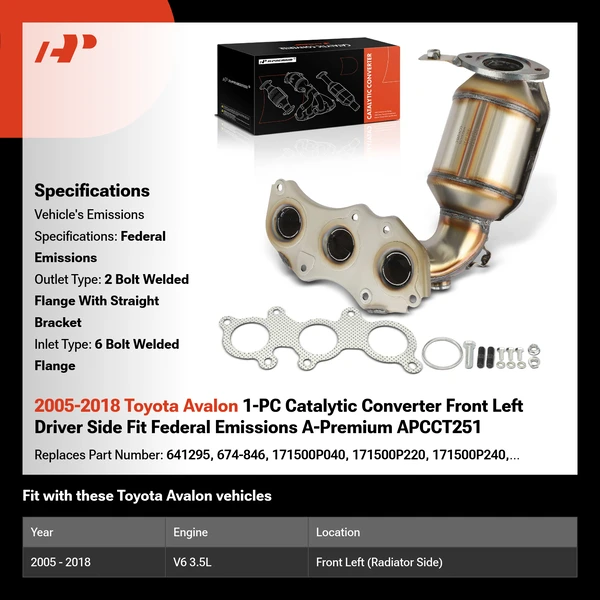 2005-2018 Toyota Avalon 1-PC Catalytic Converter Front Left Driver Side Fit Federal Emissions A-Premium APCCT251
