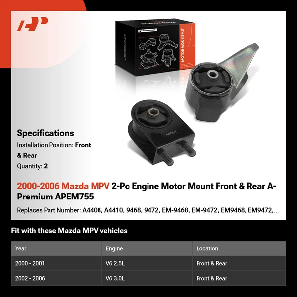 2000-2006 Mazda MPV 2-Pc Engine Motor Mount Front & Rear A-Premium APEM755
