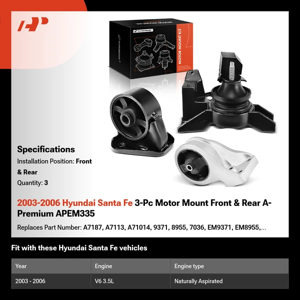 2003-2006 Hyundai Santa Fe 3-Pc Motor Mount Front & Rear A-Premium APEM335