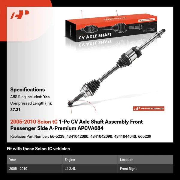 2005-2010 Scion tC 1-Pc CV Axle Shaft Assembly Front Passenger Side A-Premium APCVA684