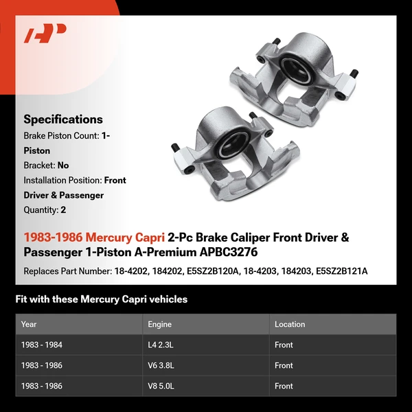 1983-1986 Mercury Capri 2-Pc Brake Caliper Front Driver & Passenger 1-Piston A-Premium APBC3276
