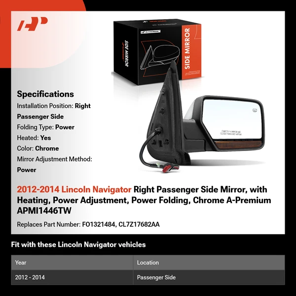 2012-2014 Lincoln Navigator Right Passenger Side Mirror, with Heating, Power Adjustment, Power Folding, Chrome A-Premium APMI1446TW