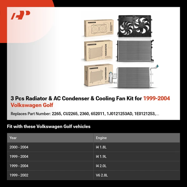 3 Pcs Radiator & AC Condenser & Cooling Fan Kit for 1999-2004 Volkswagen Golf