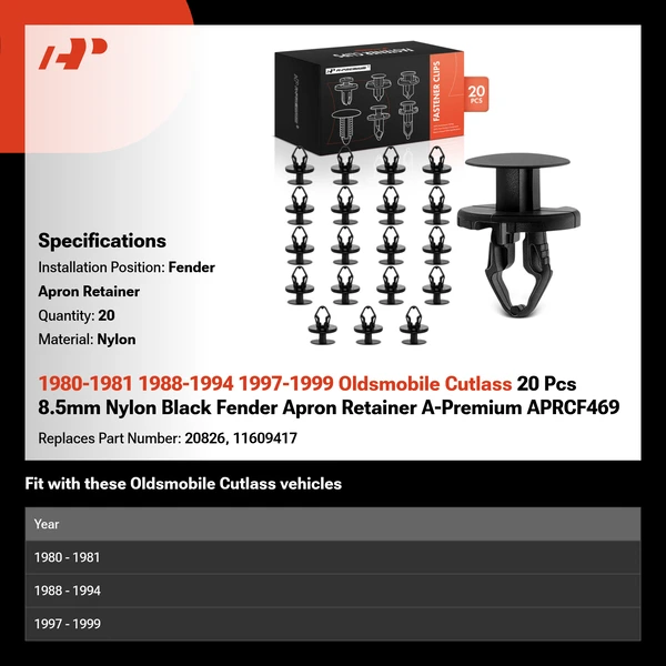 1980-1981 1988-1994 1997-1999 Oldsmobile Cutlass 20 Pcs 8.5mm Nylon Black Fender Apron Retainer A-Premium APRCF469
