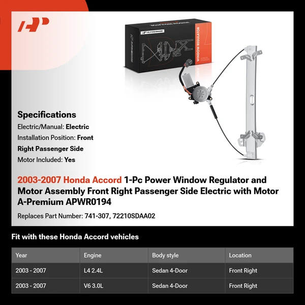 2003-2007 Honda Accord 1-Pc Power Window Regulator and Motor Assembly Front Right Passenger Side Electric with Motor A-Premium APWR0194