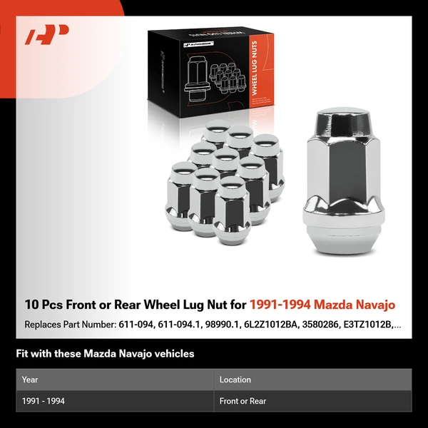 10 Pcs Front or Rear Wheel Lug Nut for 1991-1994 Mazda Navajo