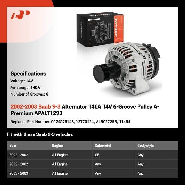 2002-2003 Saab 9-3 Alternator 140A 14V 6-Groove Pulley A-Premium APALT1293
