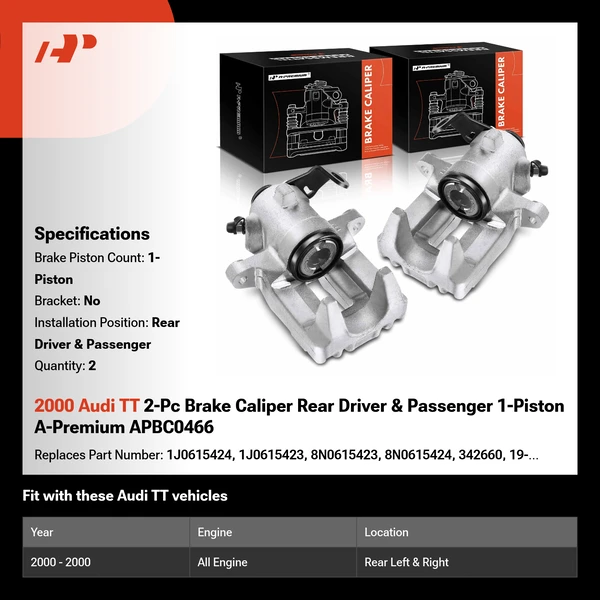 2000 Audi TT 2-Pc Brake Caliper Rear Driver & Passenger 1-Piston A-Premium APBC0466