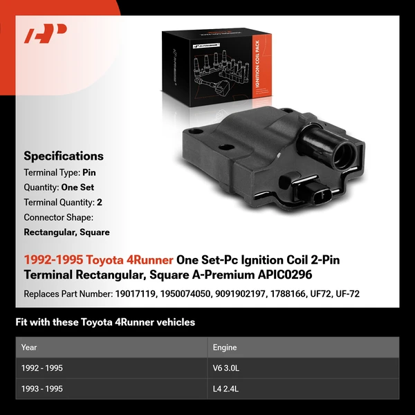 1992-1995 Toyota 4Runner One Set-Pc Ignition Coil 2-Pin Terminal Rectangular, Square A-Premium APIC0296