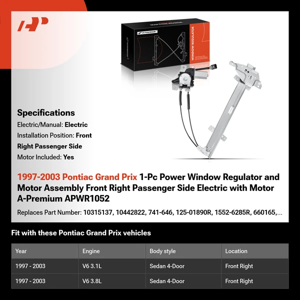 1997-2003 Pontiac Grand Prix 1-Pc Power Window Regulator and Motor Assembly Front Right Passenger Side Electric with Motor A-Premium APWR1052