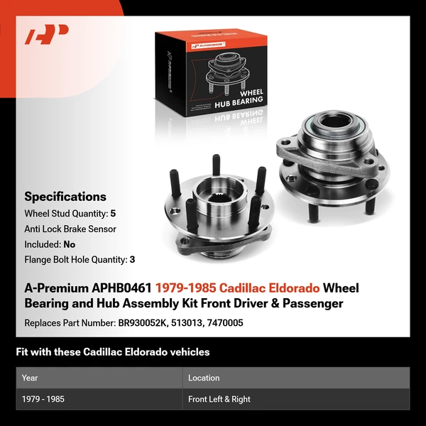 A-Premium APHB0461 1979-1985 Cadillac Eldorado Wheel Bearing and Hub Assembly Kit Front Driver & Passenger