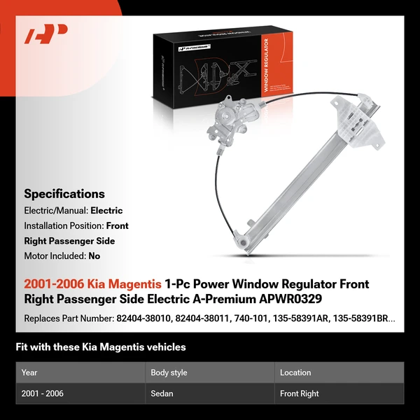 2001-2006 Kia Magentis 1-Pc Power Window Regulator Front Right Passenger Side Electric A-Premium APWR0329