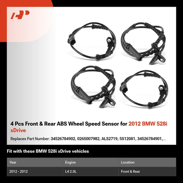 4 Pcs Front & Rear ABS Wheel Speed Sensor for 2012 BMW 528i xDrive