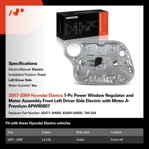 2007-2009 Hyundai Elantra 1-Pc Power Window Regulator and Motor Assembly Front Left Driver Side Electric with Motor A-Premium APWR0807