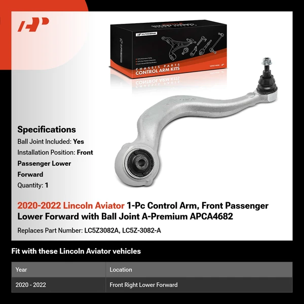 2020-2022 Lincoln Aviator 1-Pc Control Arm, Front Passenger Lower Forward with Ball Joint A-Premium APCA4682