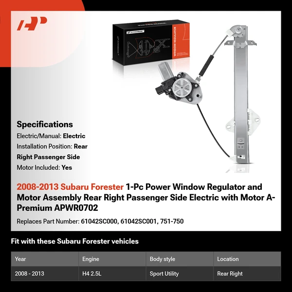 2008-2013 Subaru Forester 1-Pc Power Window Regulator and Motor Assembly Rear Right Passenger Side Electric with Motor A-Premium APWR0702