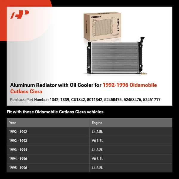 Aluminum Radiator with Oil Cooler for 1992-1996 Oldsmobile Cutlass Ciera