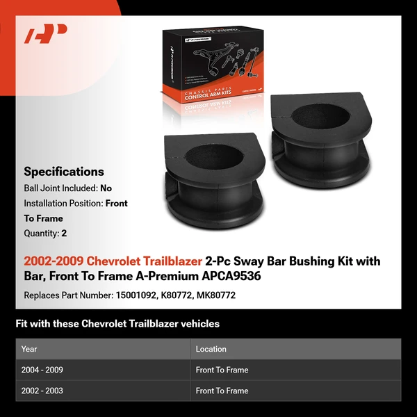 2002-2009 Chevrolet Trailblazer 2-Pc Sway Bar Bushing Kit with Bar, Front To Frame A-Premium APCA9536