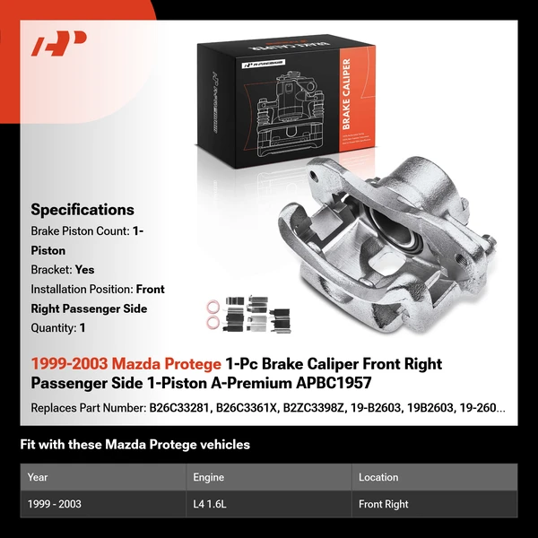 1999-2003 Mazda Protege 1-Pc Brake Caliper Front Right Passenger Side 1-Piston A-Premium APBC1957