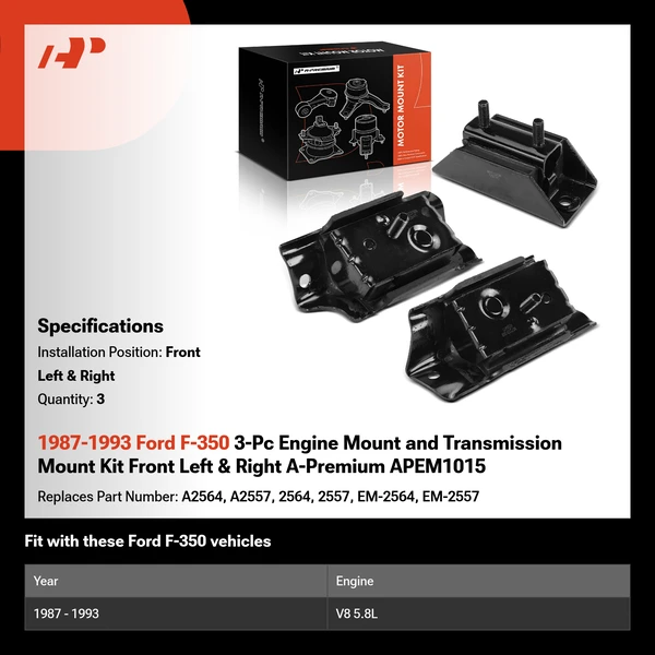1987-1993 Ford F-350 3-Pc Engine Mount and Transmission Mount Kit Front Left & Right A-Premium APEM1015