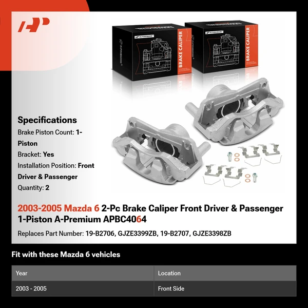 2003-2005 Mazda 6 2-Pc Brake Caliper Front Driver & Passenger 1-Piston A-Premium APBC4064