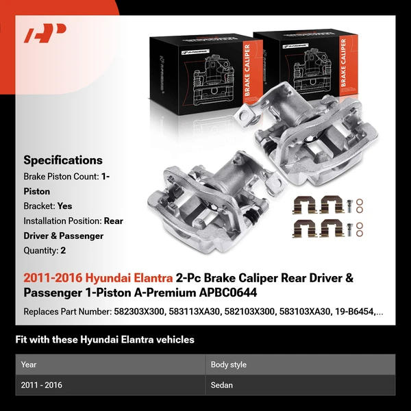 2011-2016 Hyundai Elantra 2-Pc Brake Caliper Rear Driver & Passenger 1-Piston A-Premium APBC0644