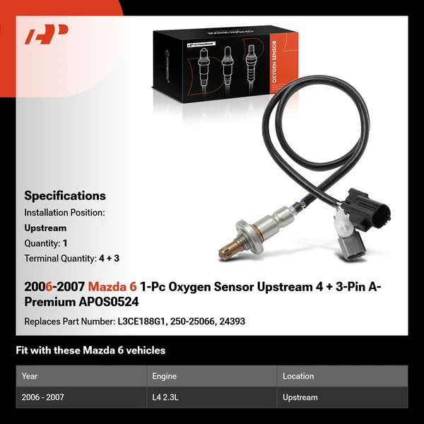 2006-2007 Mazda 6 1-Pc Oxygen Sensor Upstream 4 + 3-Pin A-Premium APOS0524