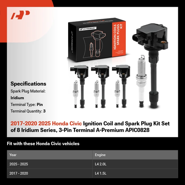 2017-2020 2025 Honda Civic Ignition Coil and Spark Plug Kit Set of 8 Iridium Series, 3-Pin Terminal A-Premium APIC0828