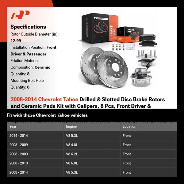 2008-2014 Chevrolet Tahoe Drilled & Slotted Disc Brake Rotors and Ceramic Pads Kit with Calipers, 8 Pcs, Front Driver & Passenger, A-Premium, APBRPS568