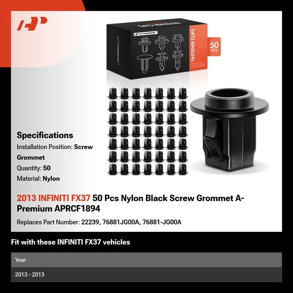 2013 INFINITI FX37 50 Pcs Nylon Black Screw Grommet A-Premium APRCF1894