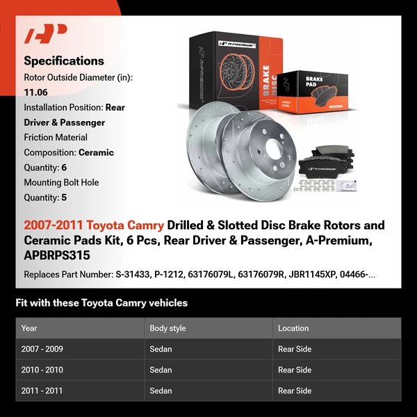 2007-2011 Toyota Camry Drilled & Slotted Disc Brake Rotors and Ceramic Pads Kit, 6 Pcs, Rear Driver & Passenger, A-Premium, APBRPS315