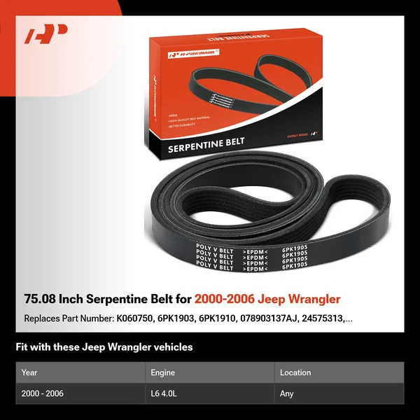 75.08 Inch Serpentine Belt for 2000-2006 Jeep Wrangler