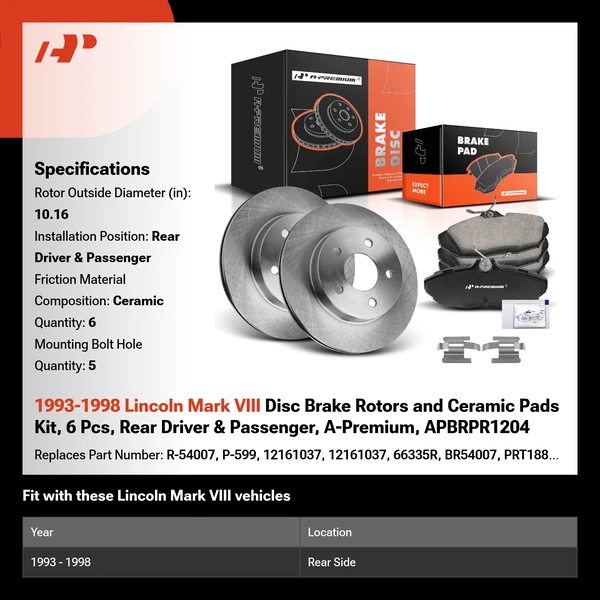 1993-1998 Lincoln Mark VIII Disc Brake Rotors and Ceramic Pads Kit, 6 Pcs, Rear Driver & Passenger, A-Premium, APBRPR1204