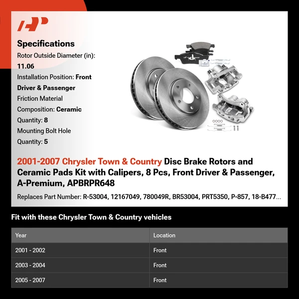 2001-2007 Chrysler Town & Country Disc Brake Rotors and Ceramic Pads Kit with Calipers, 8 Pcs, Front Driver & Passenger, A-Premium, APBRPR648
