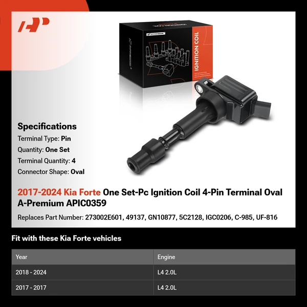 2017-2024 Kia Forte One Set-Pc Ignition Coil 4-Pin Terminal Oval A-Premium APIC0359