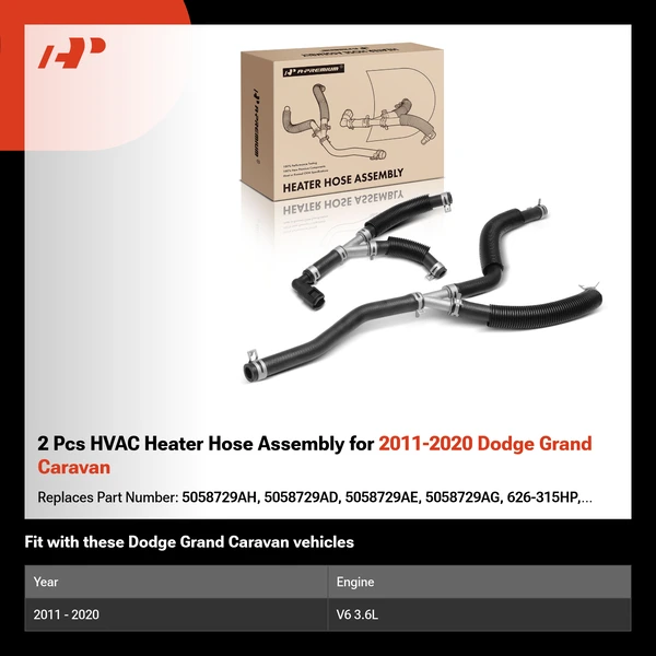 2 Pcs HVAC Heater Hose Assembly for 2011-2020 Dodge Grand Caravan