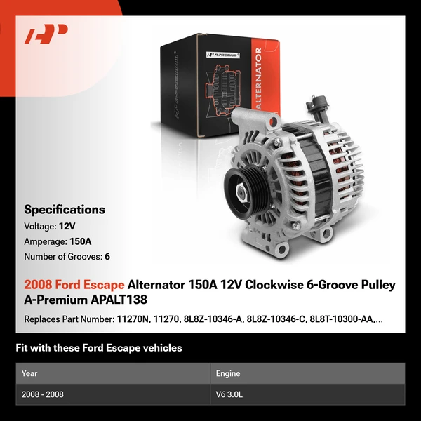 2008 Ford Escape Alternator 150A 12V Clockwise 6-Groove Pulley A-Premium APALT138