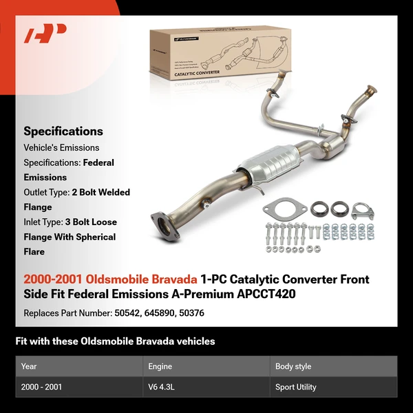 2000-2001 Oldsmobile Bravada 1-PC Catalytic Converter Front Side Fit Federal Emissions A-Premium APCCT420