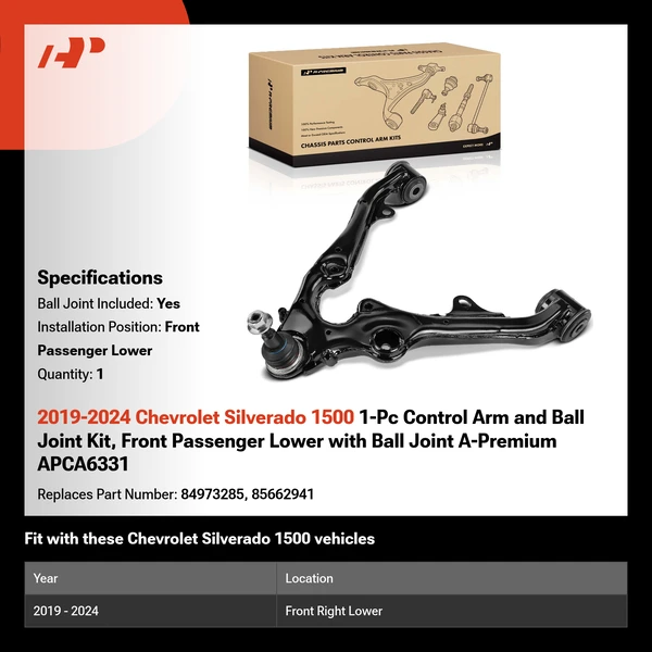 2019-2024 Chevrolet Silverado 1500 1-Pc Control Arm and Ball Joint Kit, Front Passenger Lower with Ball Joint A-Premium APCA6331